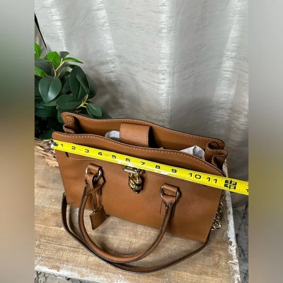 Authentic Michael Kors Hamilton Saffiano Tan Leather Sachel with lock and key